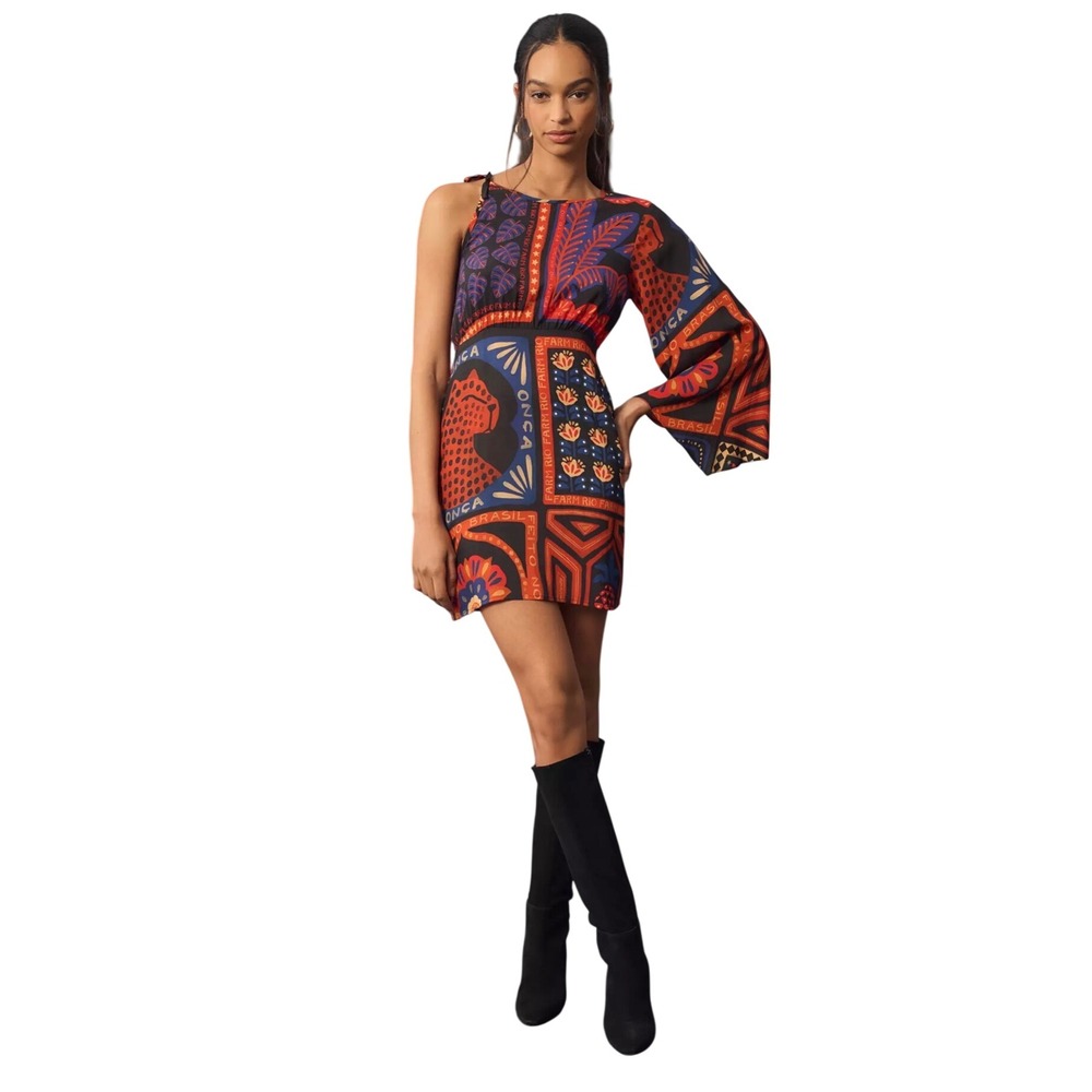 Farm Rio for Anthropologie One Shoulder Mini Dress Colorful Scarf Print Small